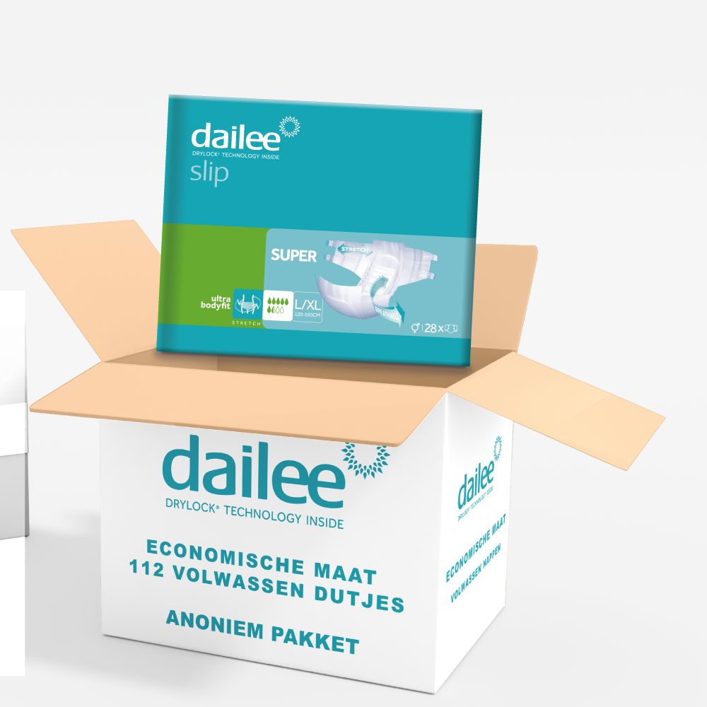 Doos met Dailee Slip Super luiers. 112 stuks. Economisch formaat. Witte doos.