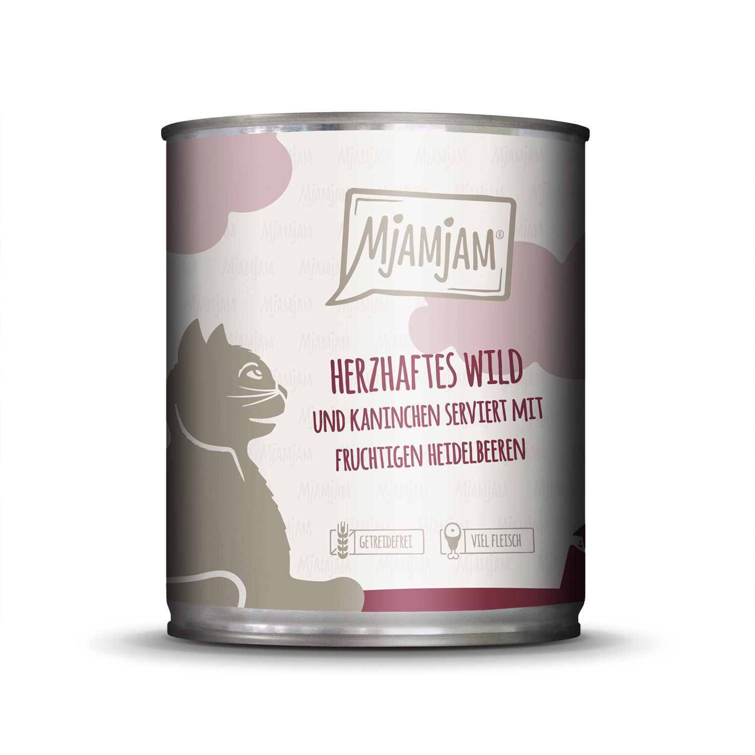 Mjamjam Katzenfutter-Dose: Herzhaftes Wild und Kaninchen mit Heidelbeeren. Getreidefrei, viel Fleisch.