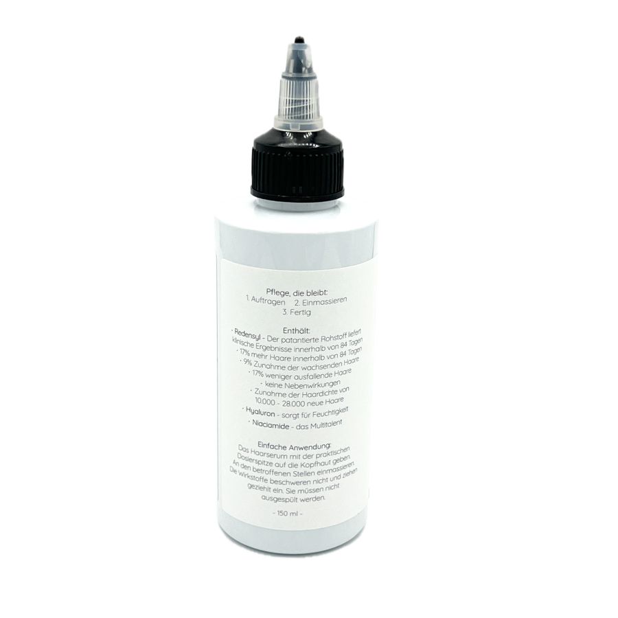 Flasche mit Applikator-Verschluss. Enthält Informationen zu Inhaltsstoffen und Anwendung.