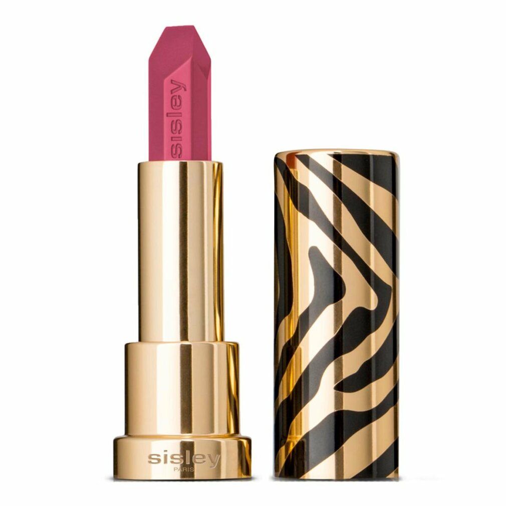 Goldfarbener Lippenstift mit pinker Spitze. Der Deckel ist schwarz-gold gestreift. Sisley-Logo auf dem Lippenstift.