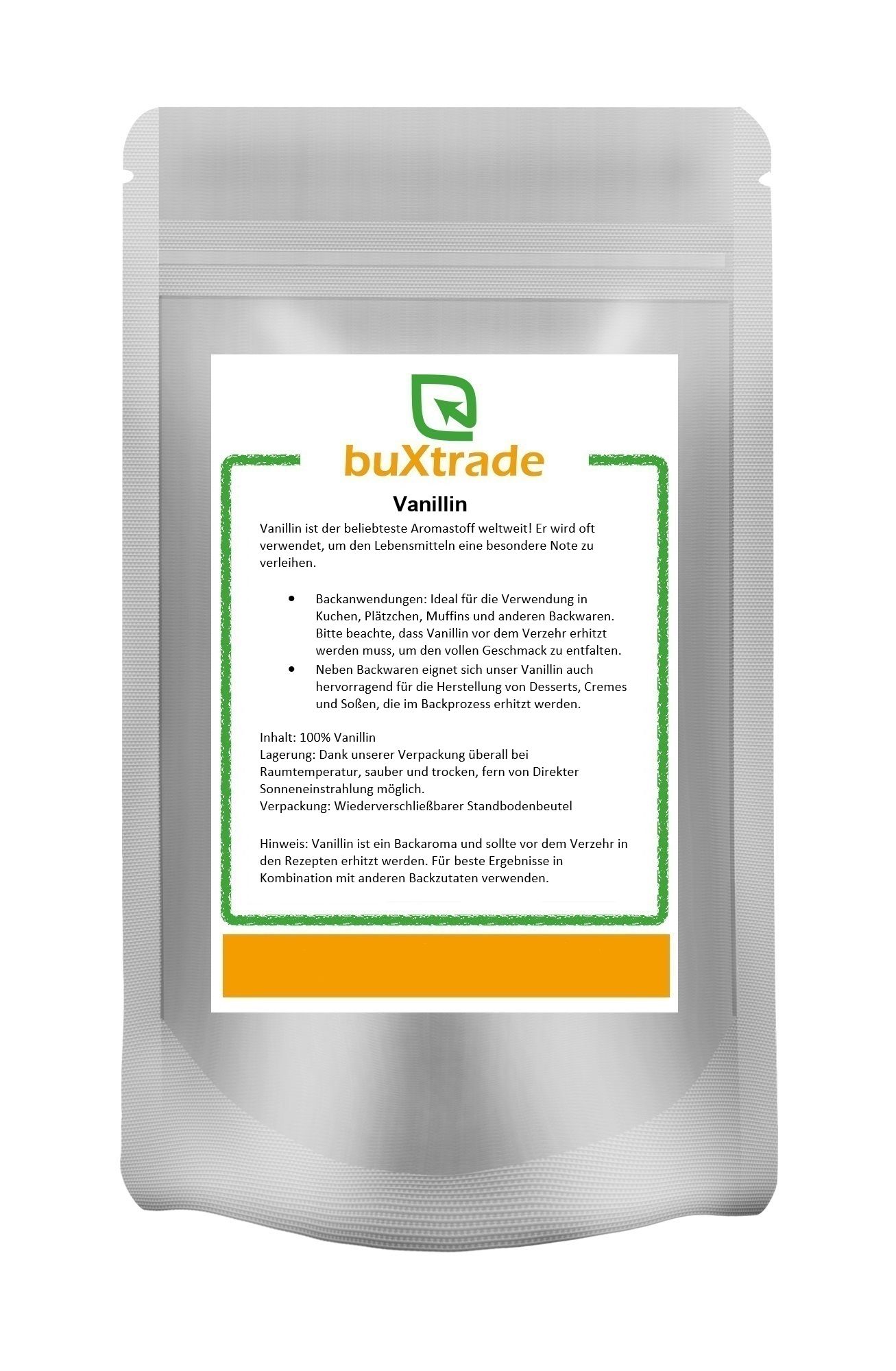 Beutel mit Vanillin. Aufschrift: buXtrade, Vanillin. Text in Grün auf weißem Hintergrund. Wiederverschließbarer Standbodenbeutel.