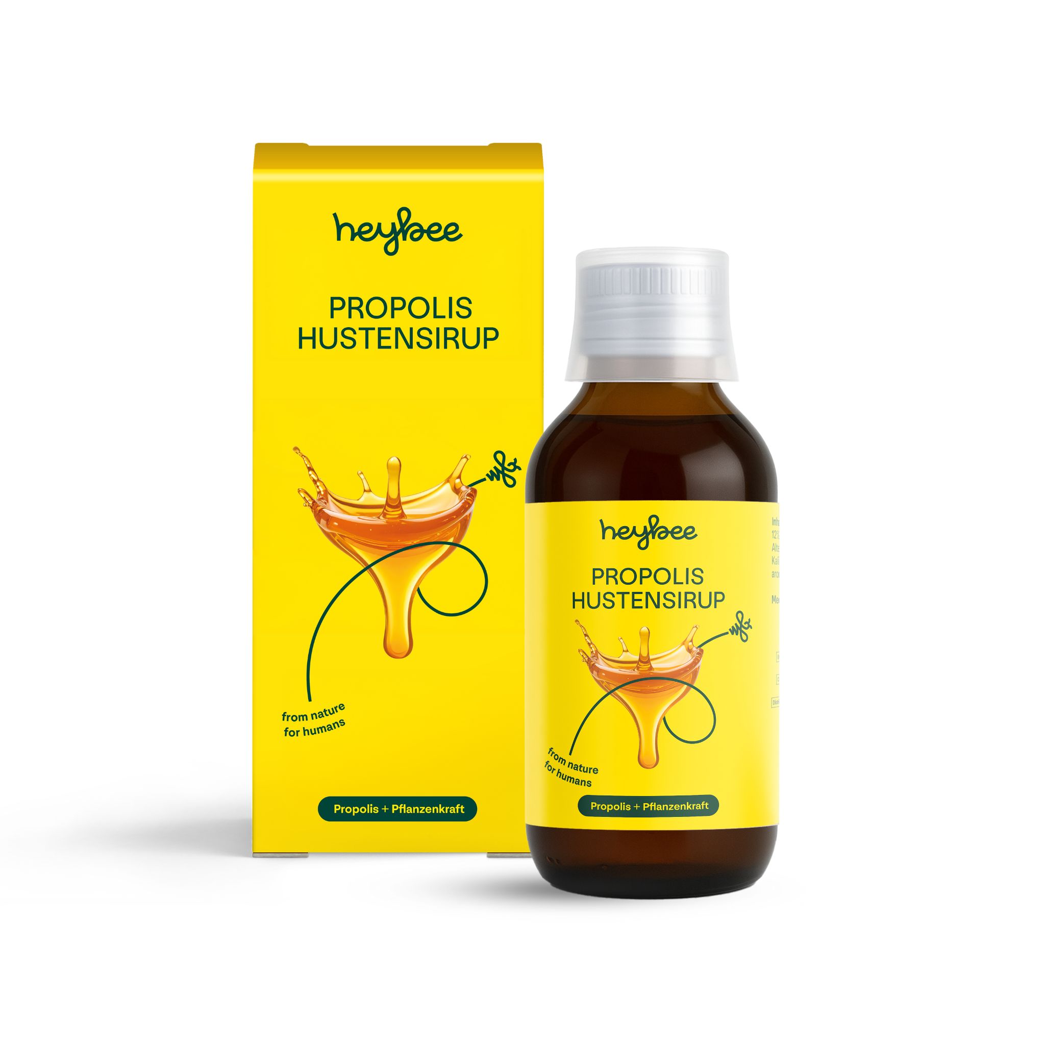 Flasche und Schachtel Heybee Propolis Hustensirup. Gelbes Design. Produkt für Husten. Text: Propolis + Pflanzenkraft.
