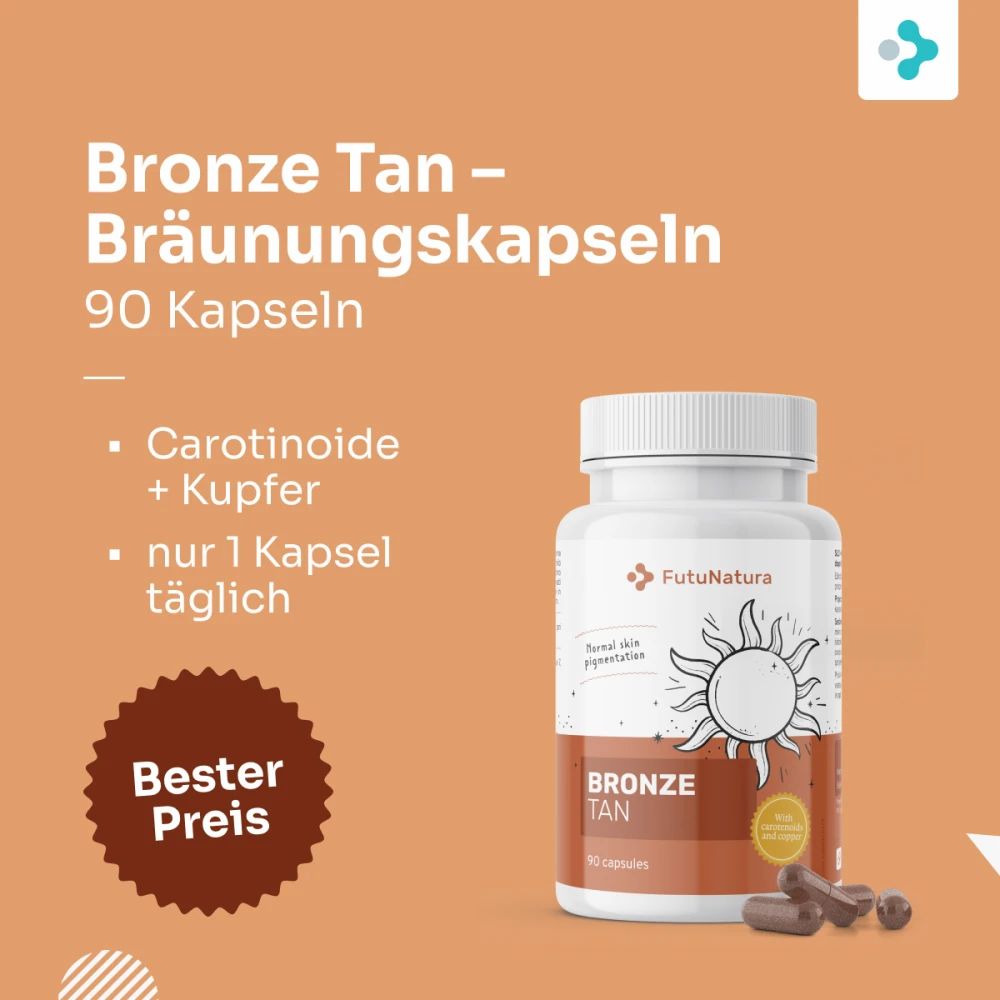 Flasche mit 90 Kapseln für Bräunung, enthält Carotinoide und Kupfer.
