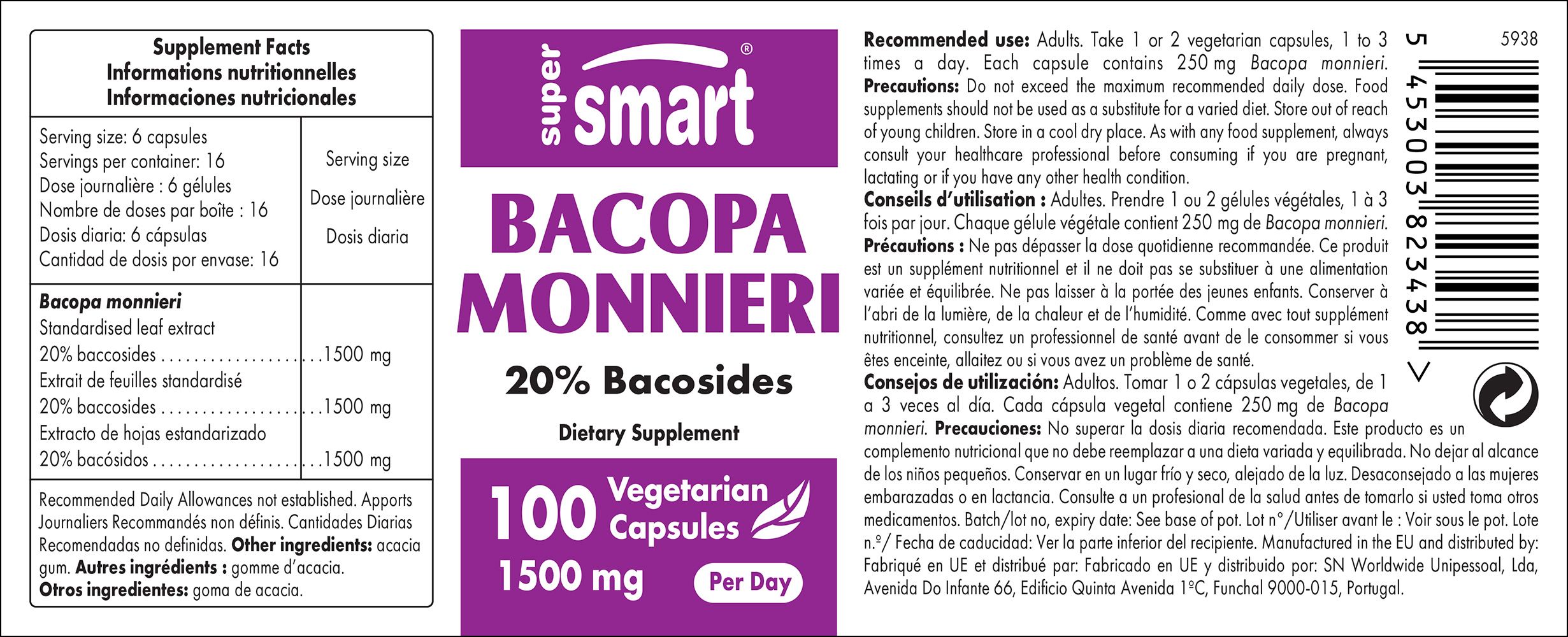 Etikett mit Produktinformationen. Text: Bacopa Monnieri, 20% Bacosides, 100 vegetarische Kapseln, 1500 mg pro Tag.