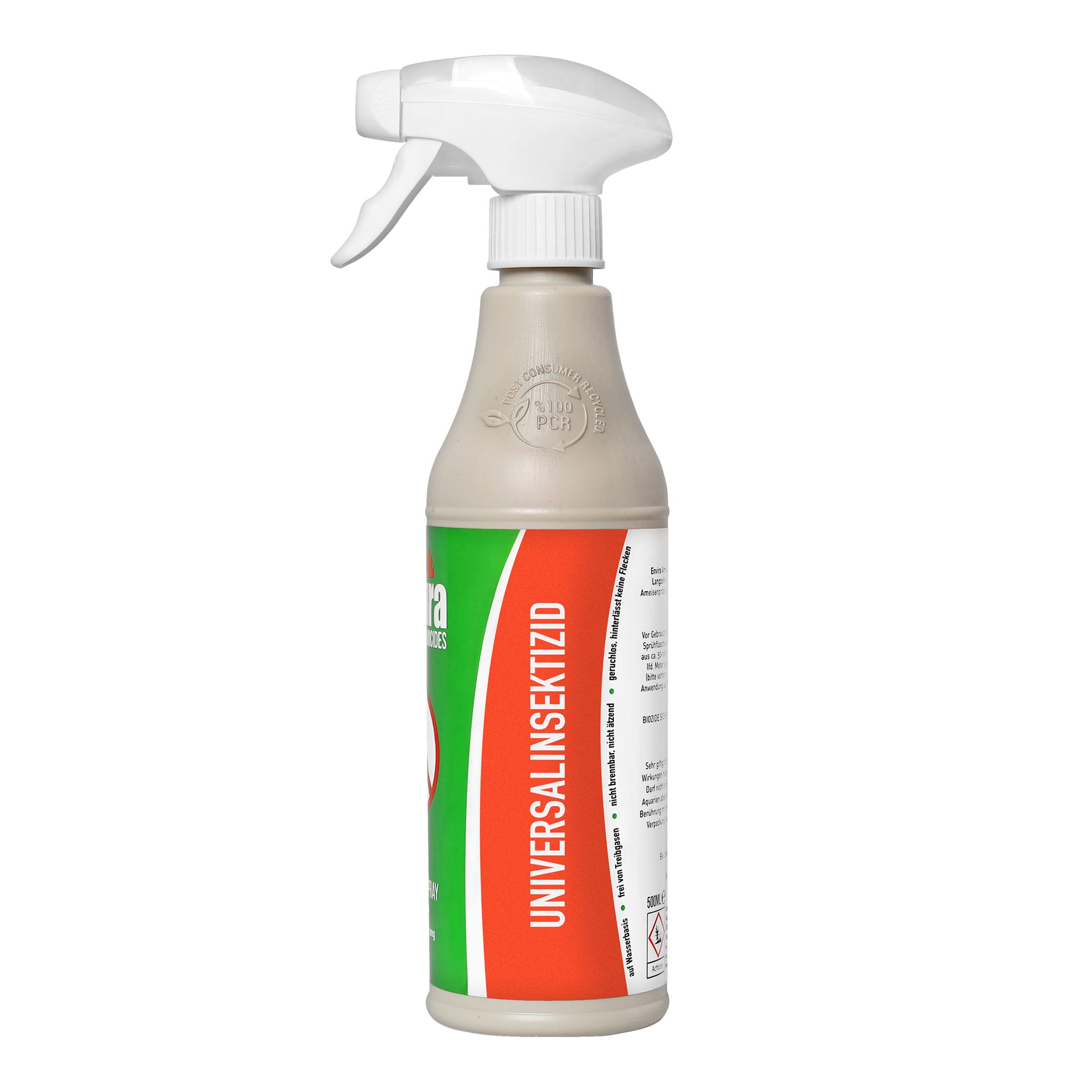 Sprühflasche mit weißem Sprühkopf. Aufschrift: UNIVERSALINSEKTIZID. Roter und grüner Streifen.