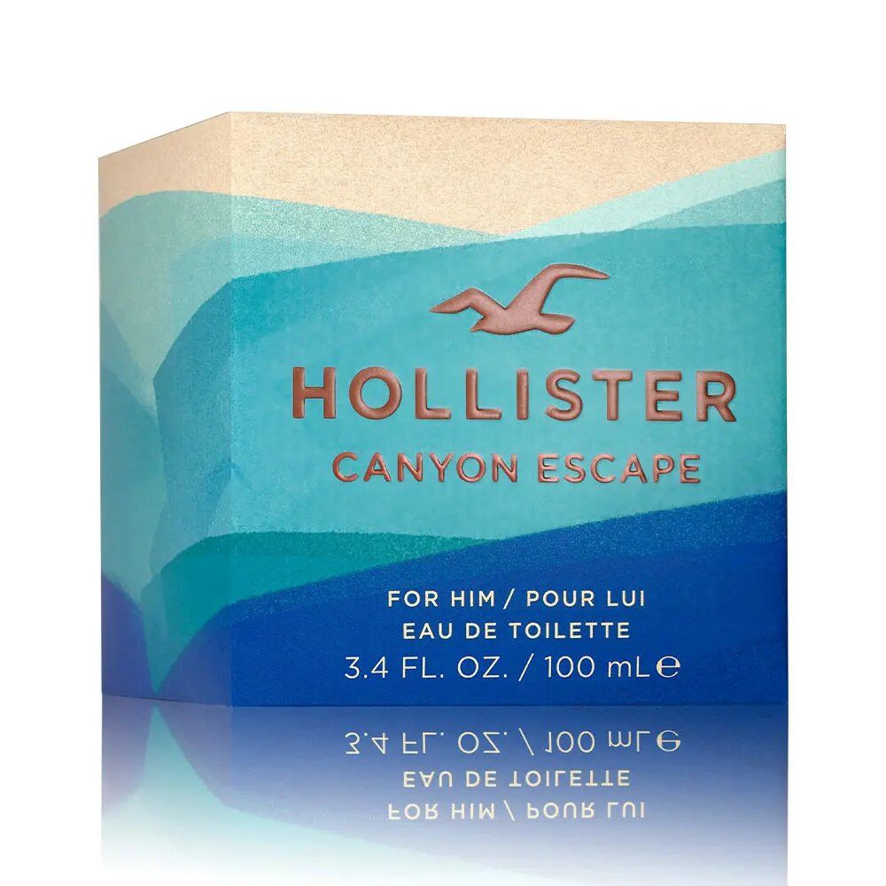 Karton mit Hollister Canyon Escape Eau de Toilette. Blau-beige Farbverlauf, Logo und Produktbezeichnung.