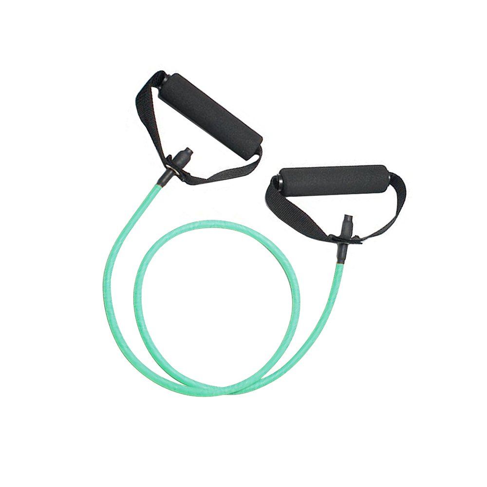 Fitness-Tube mit zwei schwarzen Griffen und einem grünen Gummiband. Die Griffe sind gepolstert.