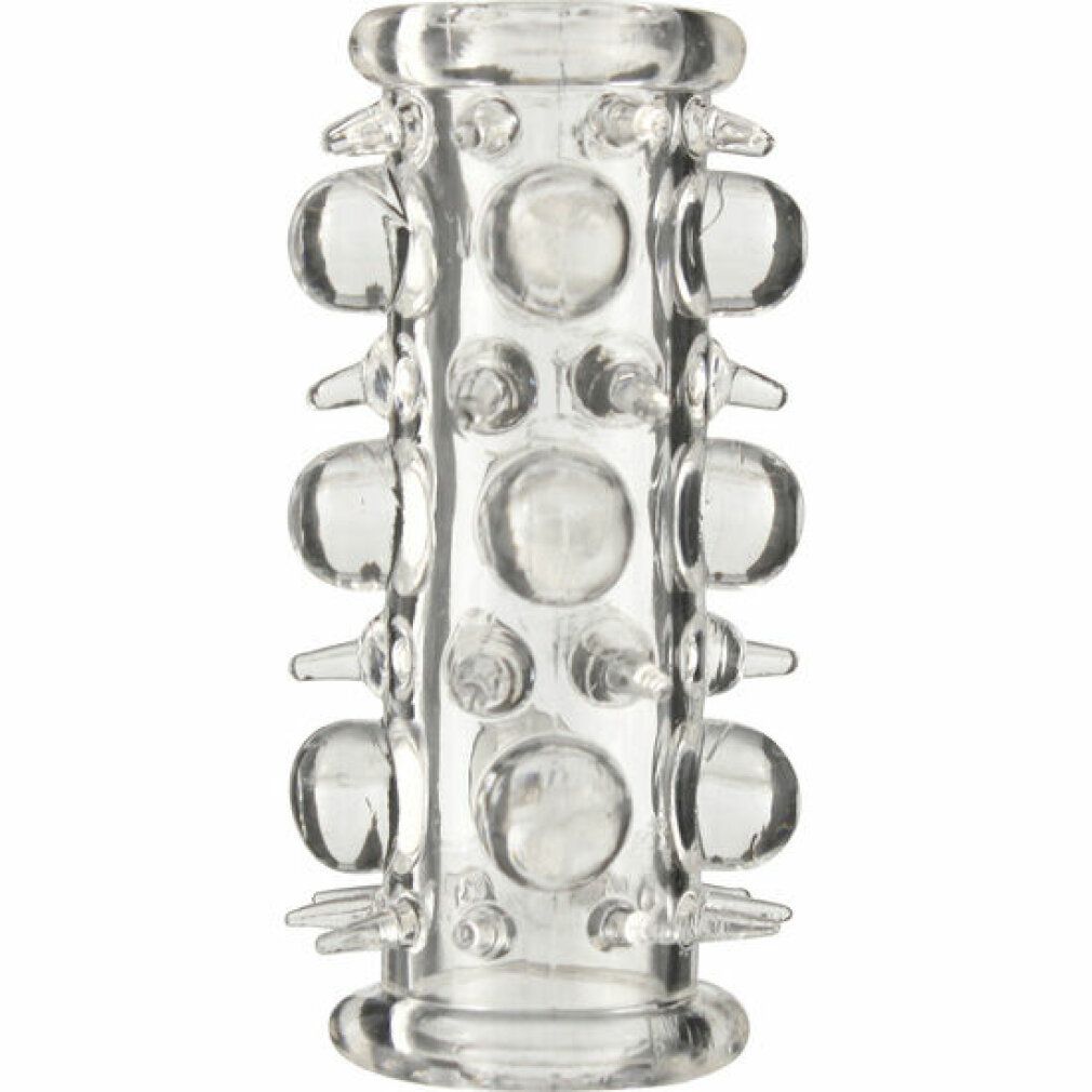 Transparentes Silikon Sleeve mit Noppen und Erhebungen. Zylindrische Form. Produkt ohne Verpackung.