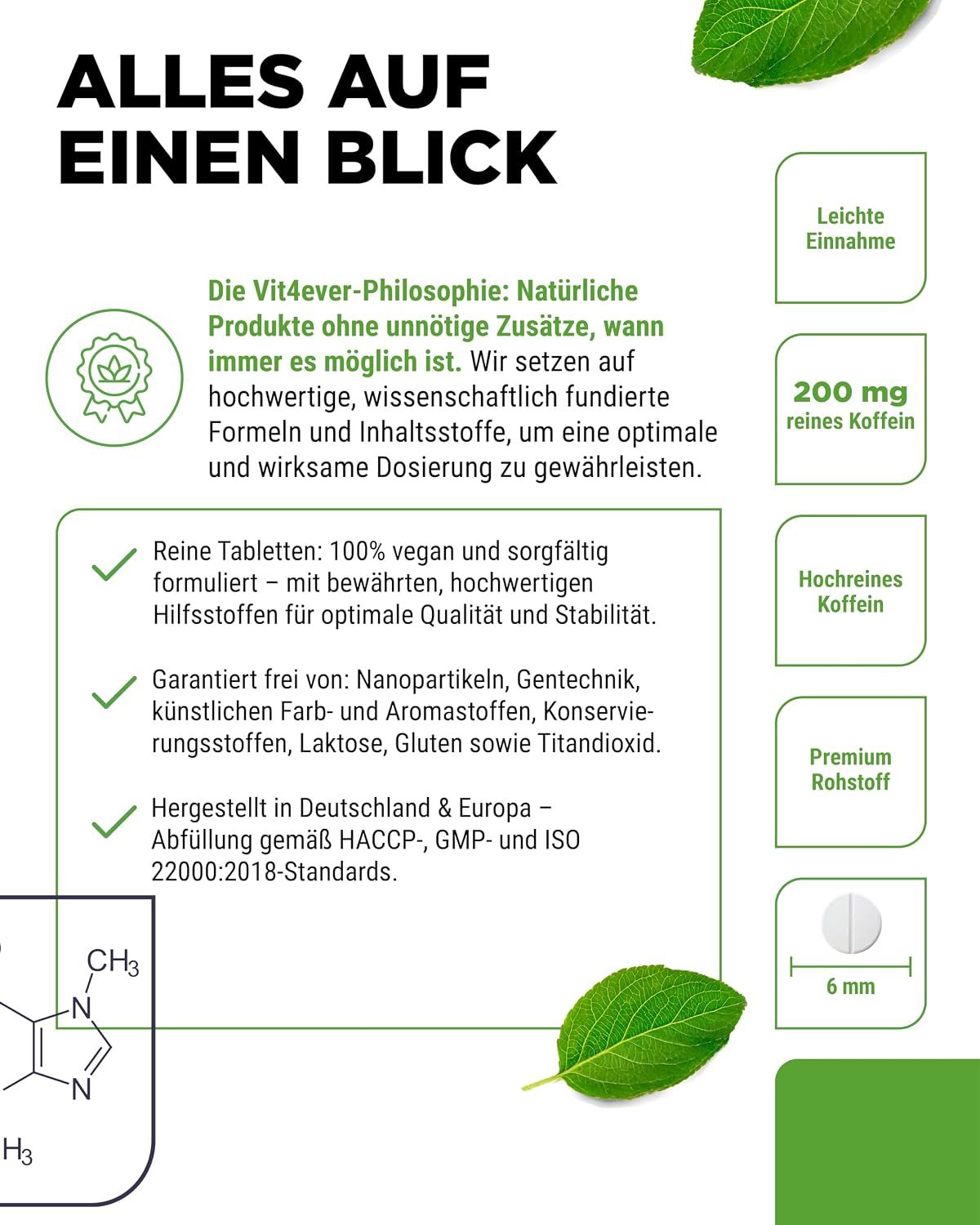 Vit4ever Koffein XXL: Übersicht der Produktphilosophie. Reine vegane Tabletten, 200 mg Koffein, 6 mm Größe. Hergestellt in Europa.