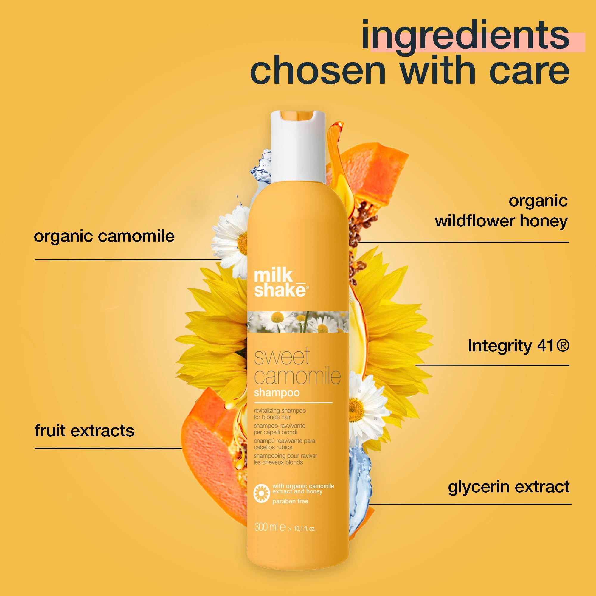 Gelbe Flasche Shampoo mit Inhaltsstoffen: Kamille, Honig, Frucht- und Glycerinextrakte. Text: milk_shake, sweet camomile.