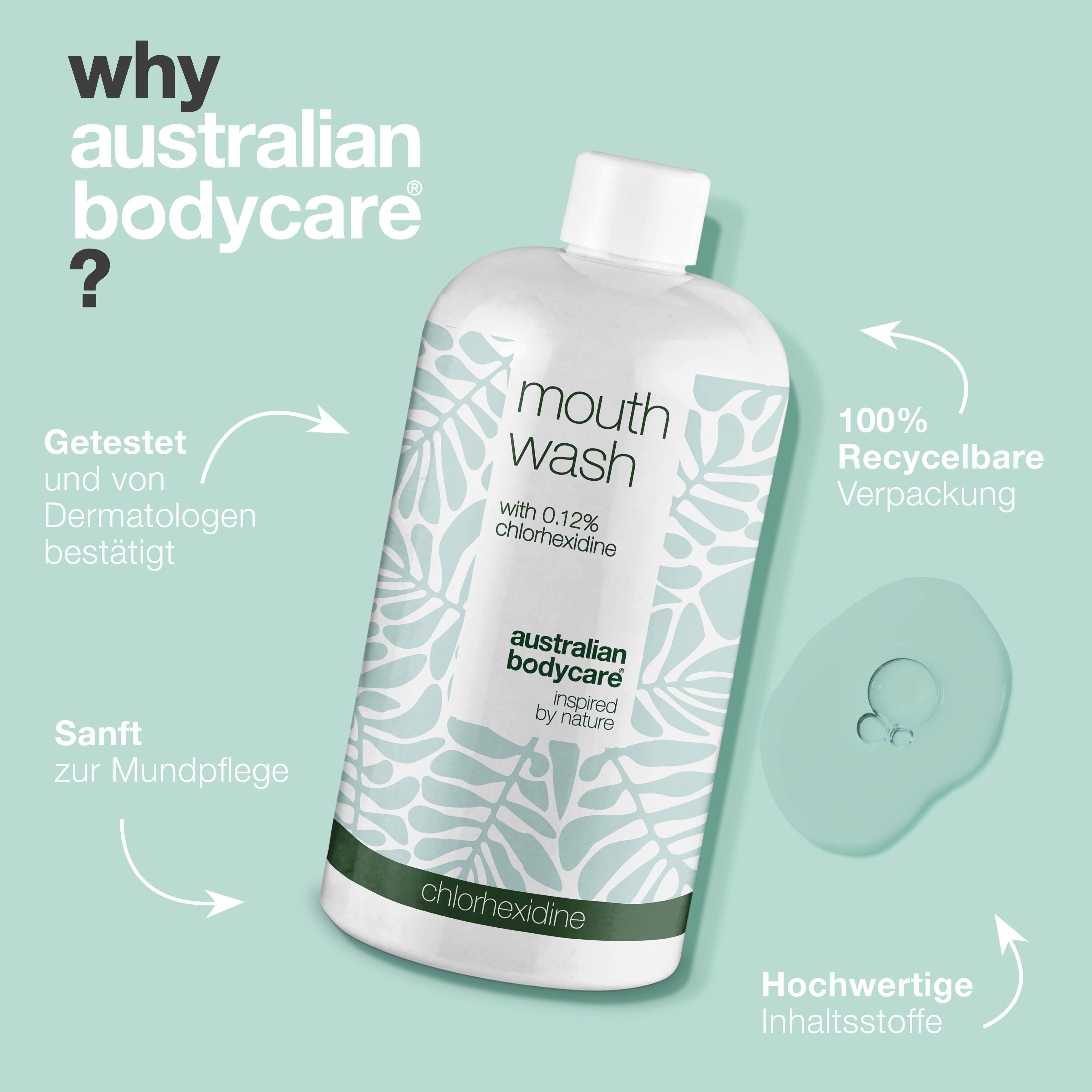 Produktflasche neben Text: Getestet von Dermatologen, sanft zur Mundpflege, 100% recycelbare Verpackung. Australian Bodycare.