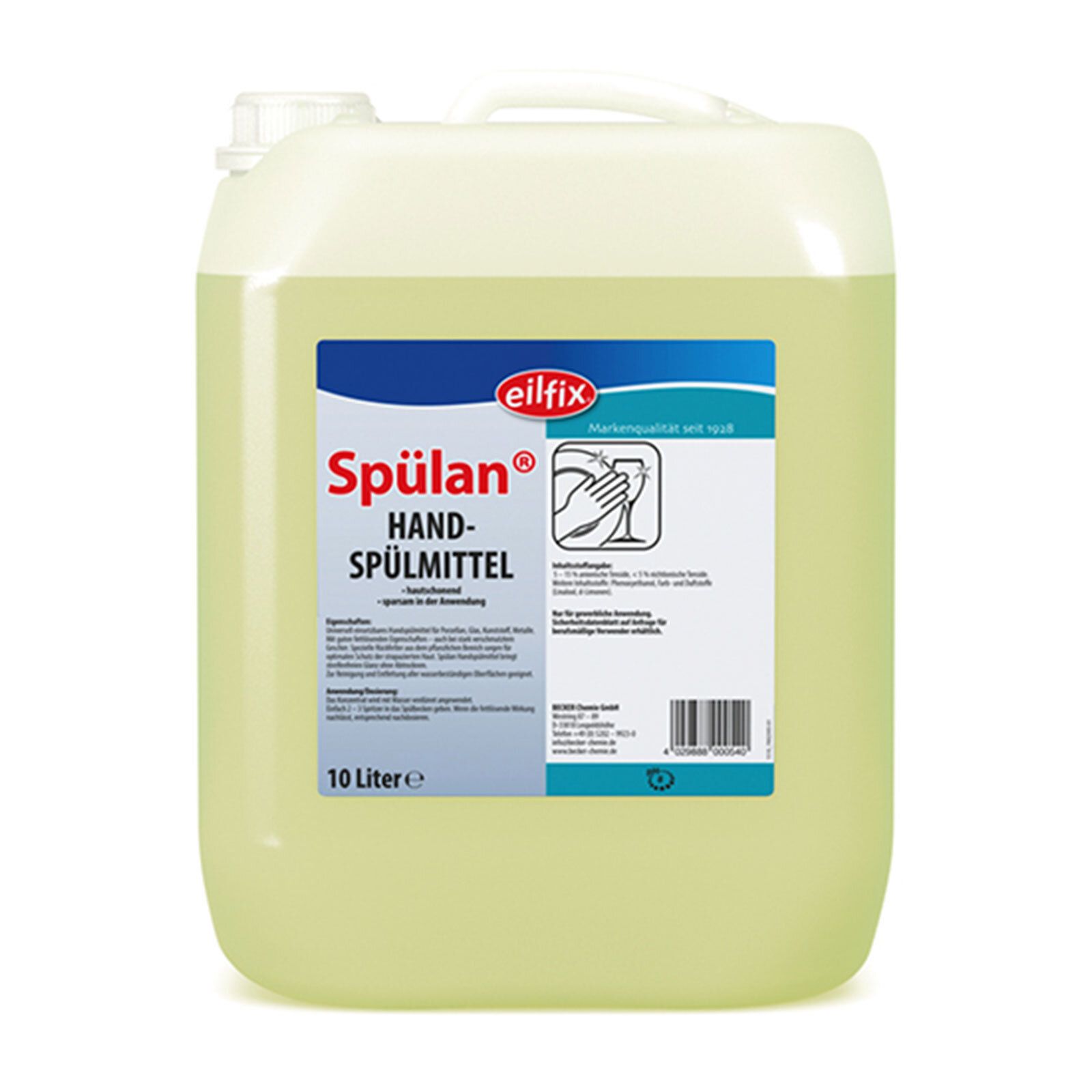 Rechteckiger Kanister mit Spülmittel. Aufschrift "Spülan Hand-Spülmittel" und "10 Liter". Logo "eilfix".