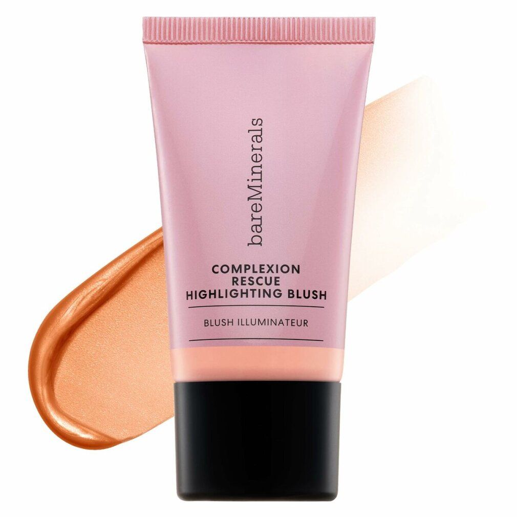 Rosa Tube mit schwarzem Deckel und Produkt-Swatches. Aufschrift: bareMinerals, COMPLEXION RESCUE, HIGHLIGHTING BLUSH, BLUSH ILLUMINATEUR.