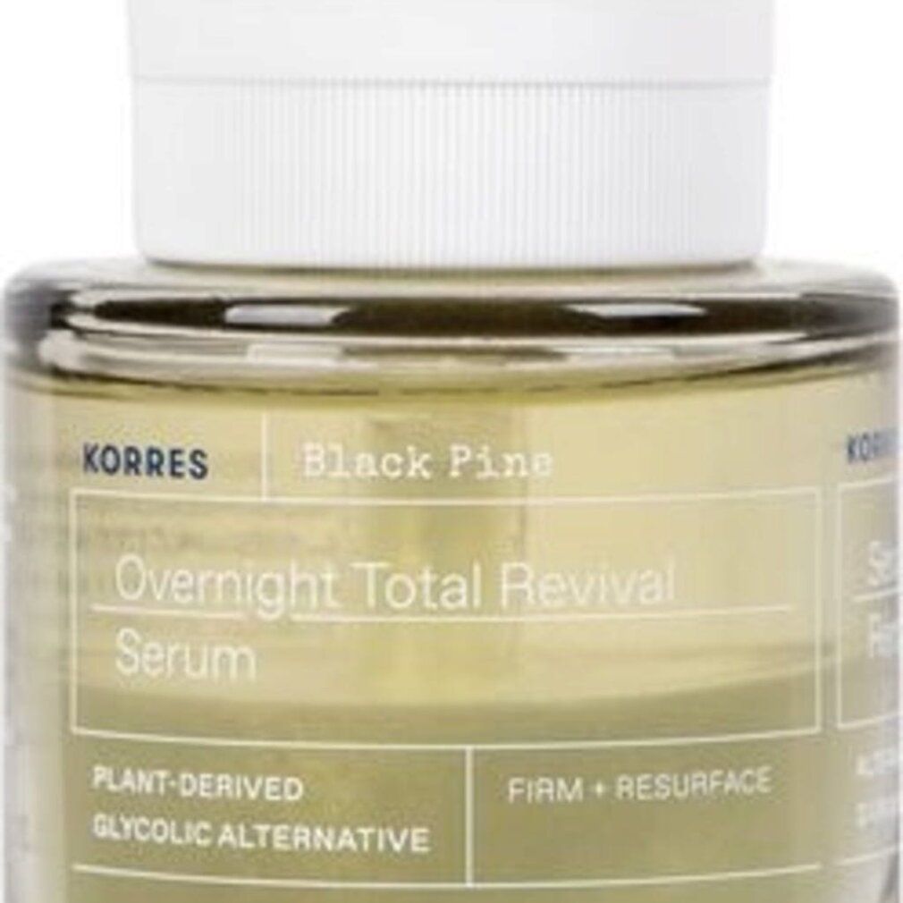 KORRES Black Pine Serum: Glasflasche mit Pipette, gelbe Flüssigkeit, weiße Kappe.