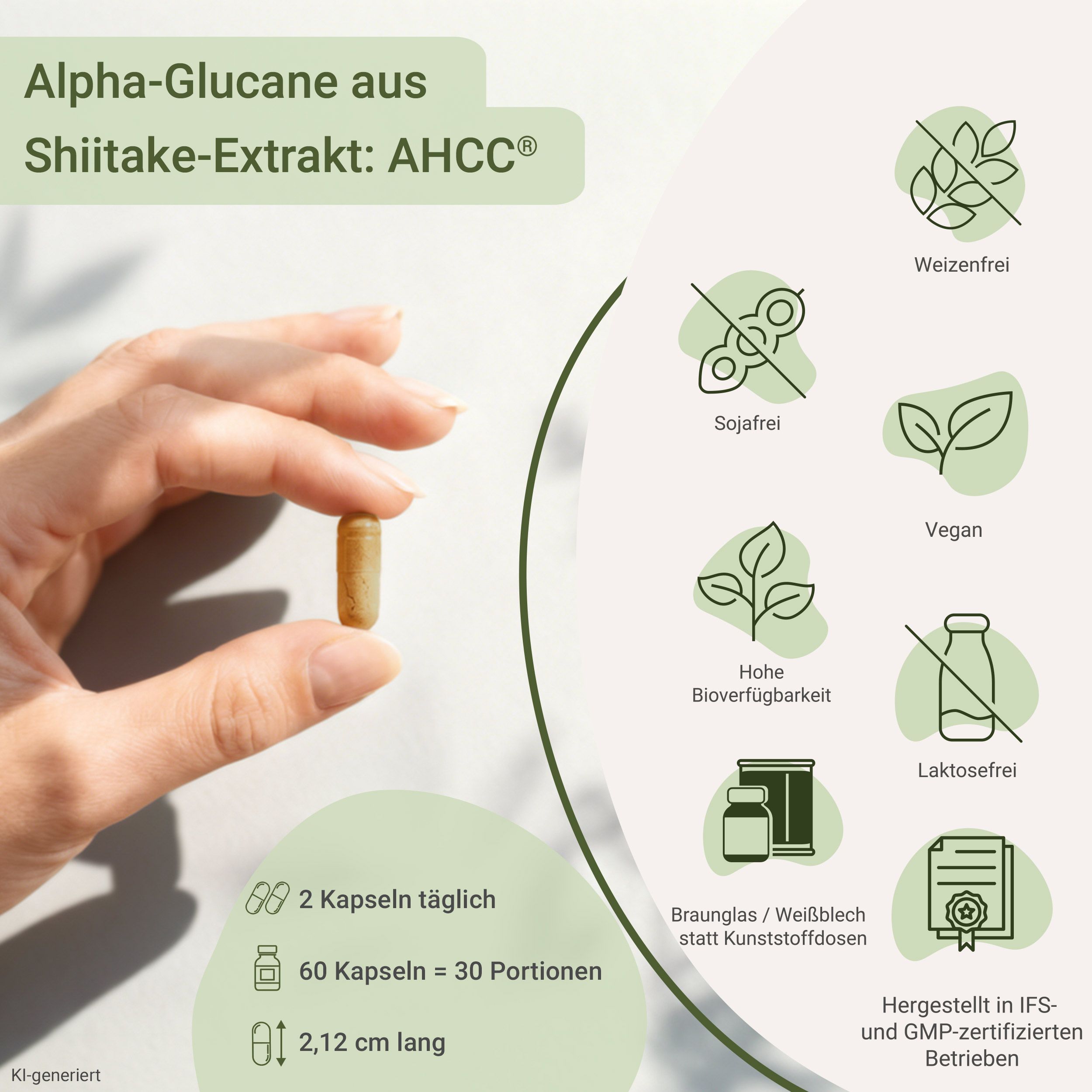 Nahaufnahme einer Hand, die eine einzelne AHCC® Kapsel hält. Icons zeigen Merkmale wie 'Sojafrei' und 'Vegan'.