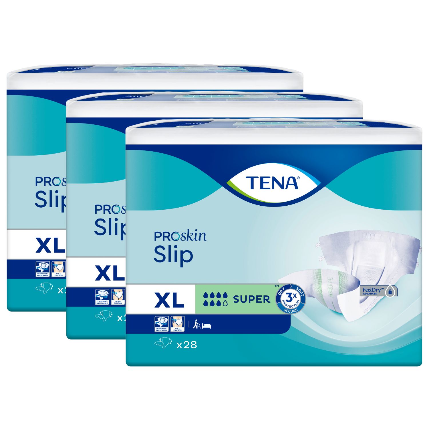 Drei Packungen TENA ProSkin Slip Super XL Inkontinenzslips. Jede Packung enthält 28 Slips.