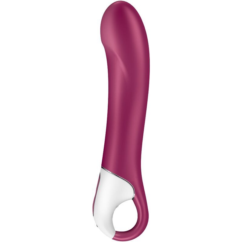 Bordeauxfarbener Vibrator mit weißem Griff. Ringförmige Basis. Geschwungene Form. Glatte Oberfläche.