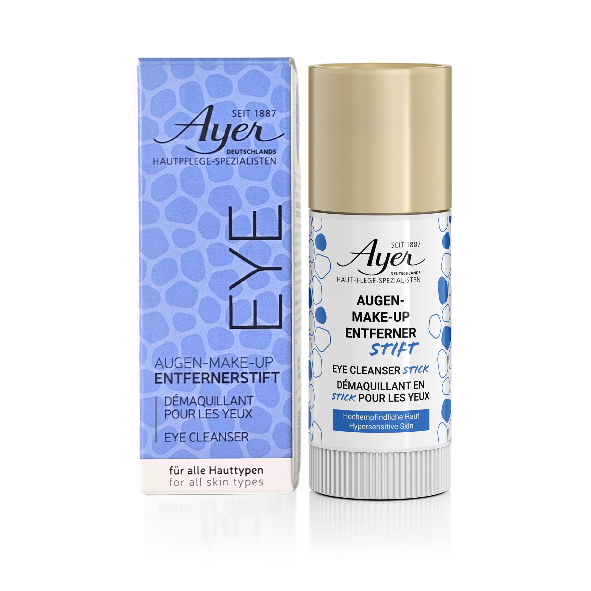 Ayer Eye Cleanser Stick und Verpackung. Weißer Stift mit goldener Kappe. Blaue Verpackung mit Aufschrift: Augen-Make-up Entferner Stift.