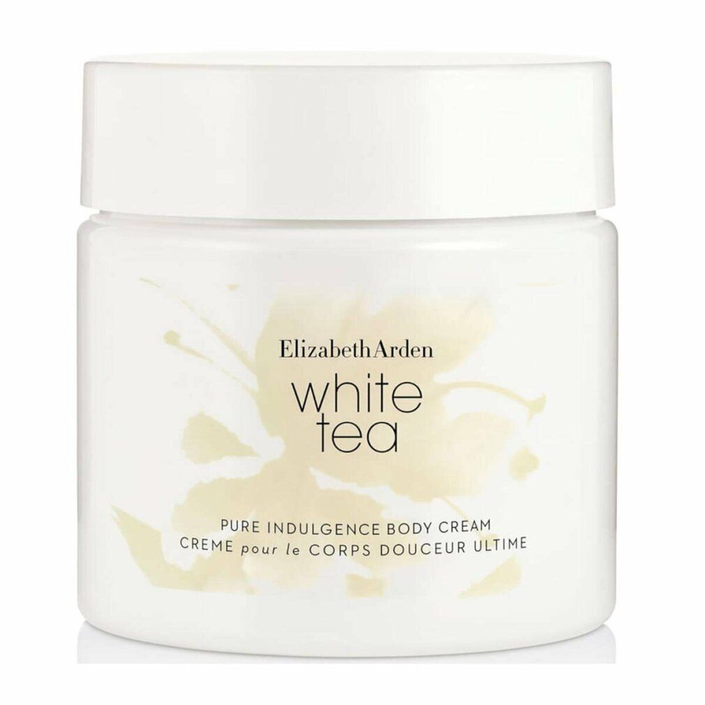 Weißer Tiegel mit Deckel. Aufschrift: Elizabeth Arden White Tea Pure Indulgence Body Cream. 13.5 OZ 384g 400ml.