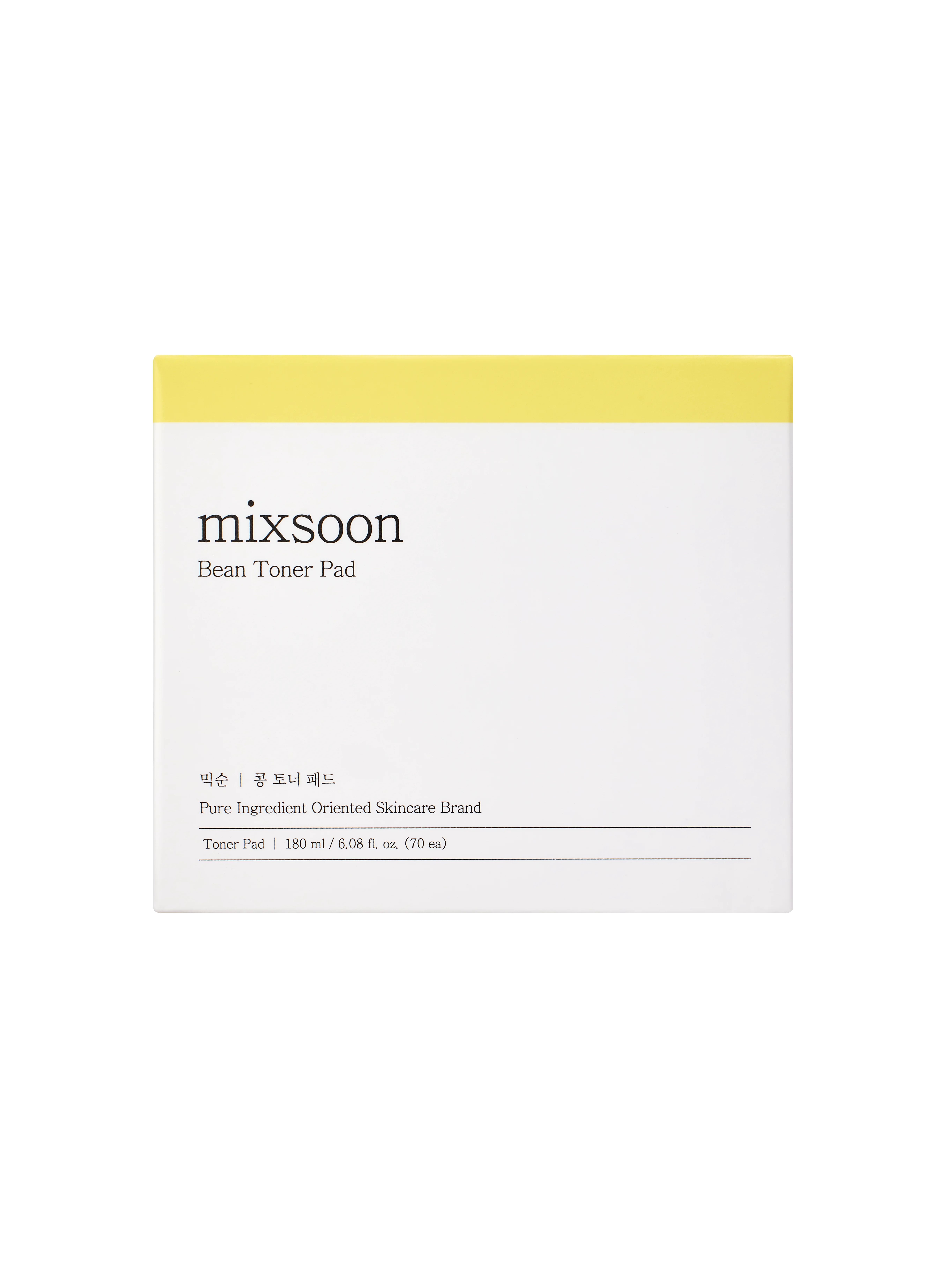 Verpackung "mixsoon Bean Toner Pad". Weiß mit gelbem Deckel. Produktname und Details auf der Vorderseite.