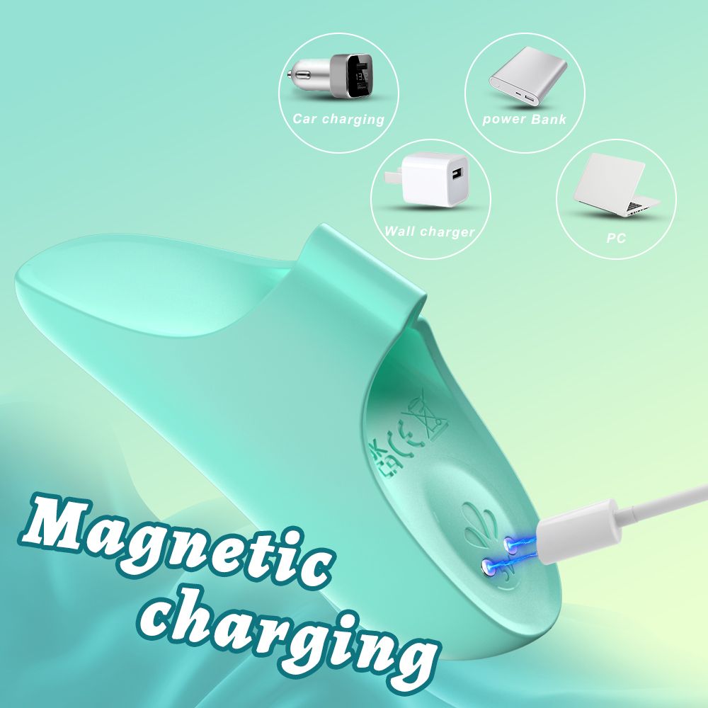 Türkisfarbener Finger-Vibrator. Magnetisches Aufladen. Zubehör: Auto-, Wand-, Powerbank- und PC-Ladegerät.