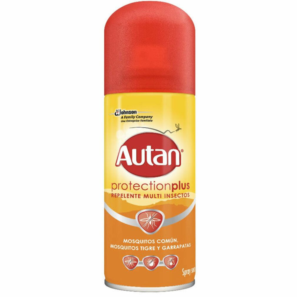 Autan Protection Plus Spray. Gelbe Dose mit rotem Deckel. Enthält Text und Logo.