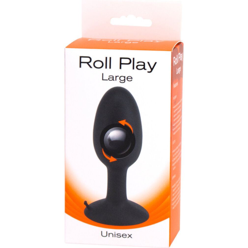 Schwarzer Analplug aus Silikon in Verpackung. Produktname "Roll Play Large" sichtbar. Unisex-Kennzeichnung.