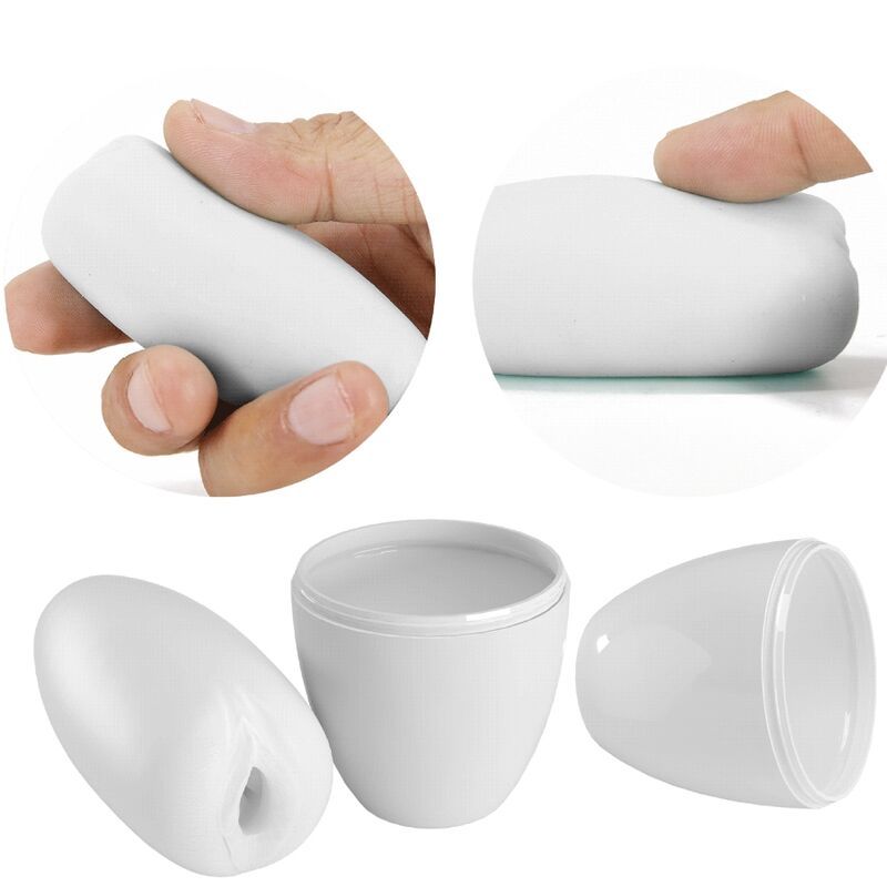 Verschiedene Ansichten eines weißen Produkts: in der Hand, von oben, geöffnet und geschlossen.