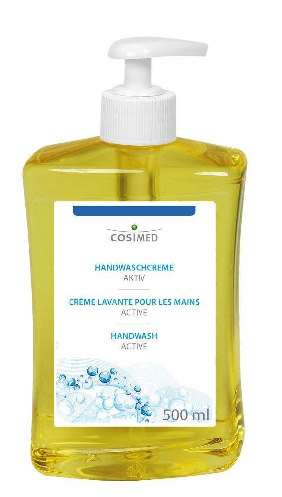 Gelbe Handwaschcreme-Flasche mit Spender. Aufschrift: Cosimed, Handwaschcreme aktiv, Crème lavante pour les mains active, Handwash active. 500 ml.