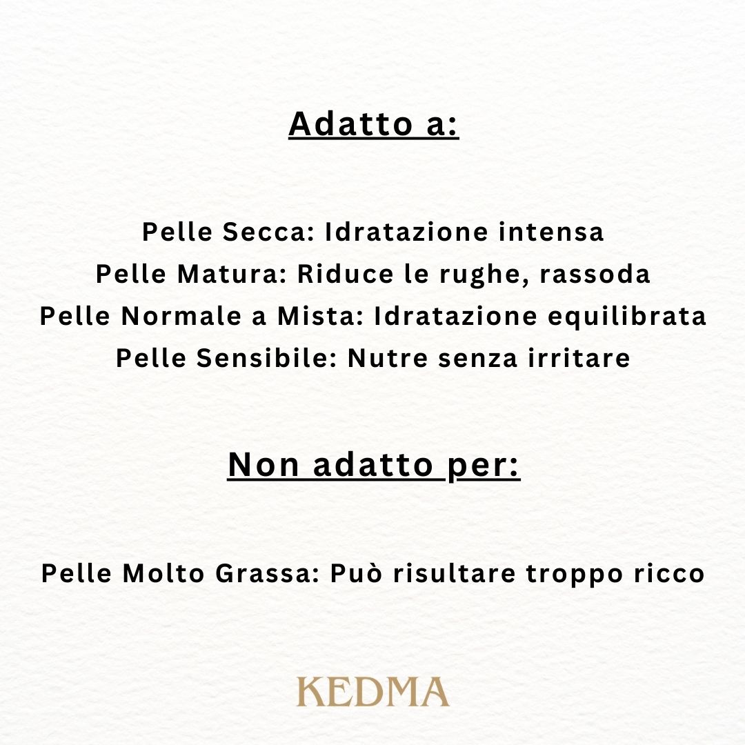 Testo: Adatto a: Pelle Secca, Pelle Matura, Pelle Normale a Mista, Pelle Sensibile. Non adatto per: Pelle Molto Grassa. Logo Kedma.