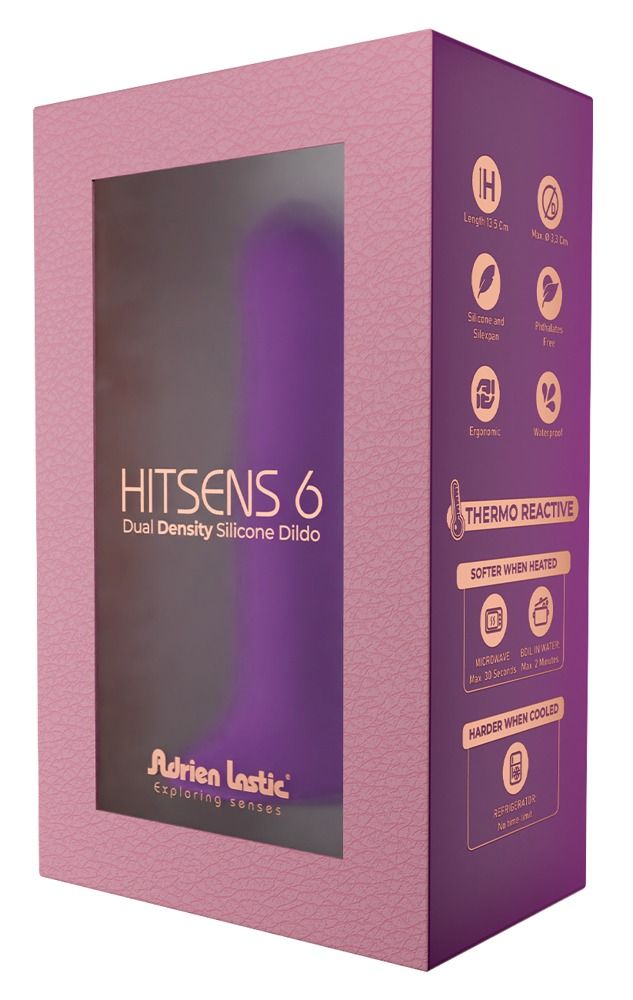 Verpackung mit lila Dildo. Aufschrift: Hitsens 6, Dual Density Silicone Dildo. Marke: Adrien Lastic. Thermo Reactive.