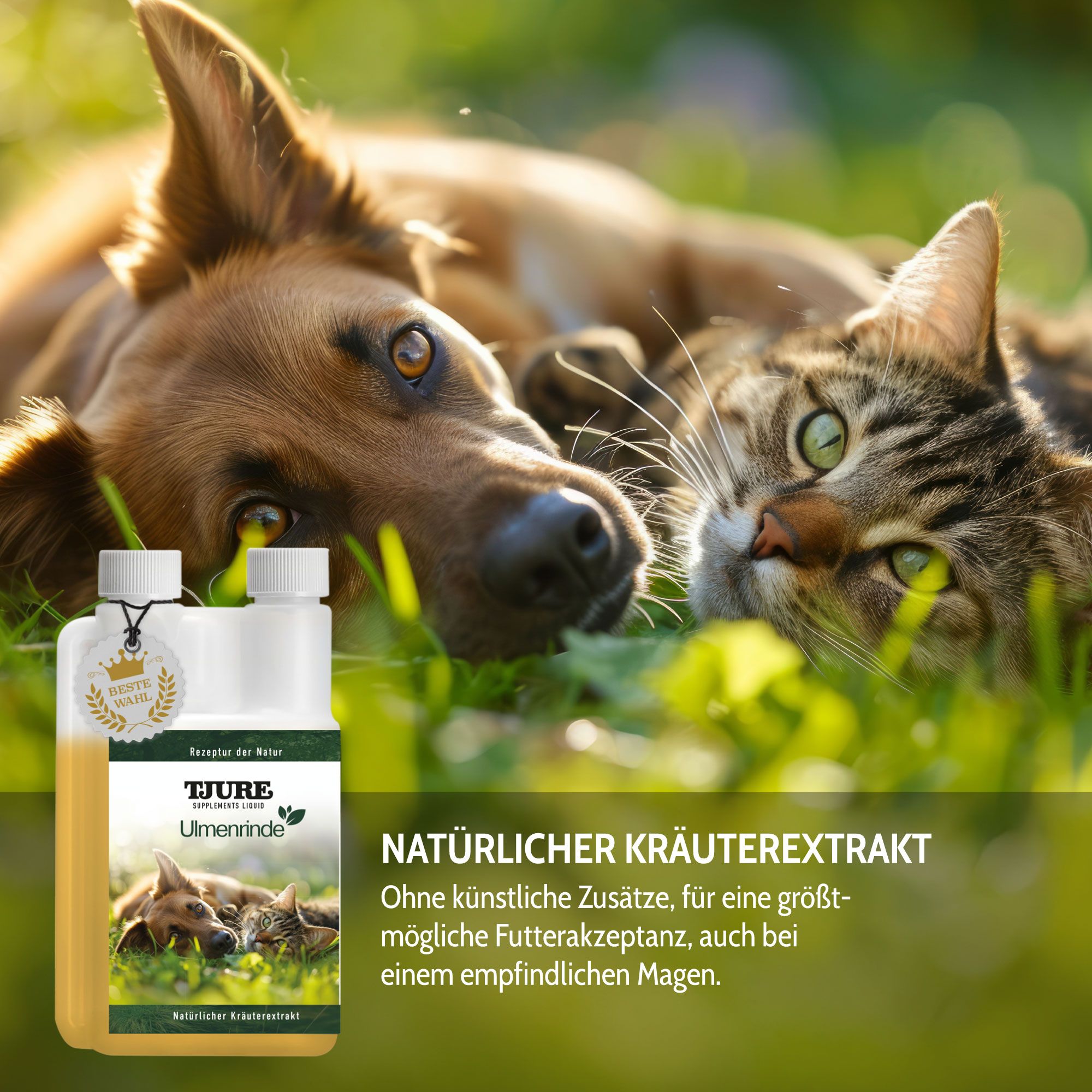 Doppelflasche mit gelber Flüssigkeit. Etikett mit Produktname, Marke TJURE und Abbildung von Hund und Katze. Text: Natürlicher Kräuterextrakt.