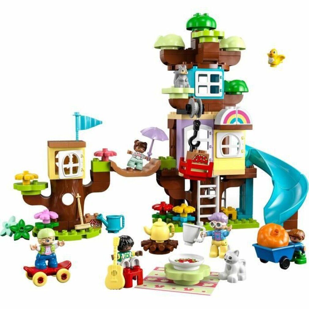 LEGO Duplo 3-in-1-Baumhaus-Set. Baumhaus mit Rutsche, Figuren, Zubehör. Enthält eine Schaukel, eine Brücke und eine Gitarre.