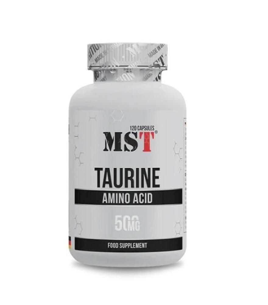 Weiße Flasche mit schwarzer Aufschrift MST Taurine, 120 Kapseln. Roter Schriftzug. Aufschrift: Amino Acid, 500mg. Lebensmittel.
