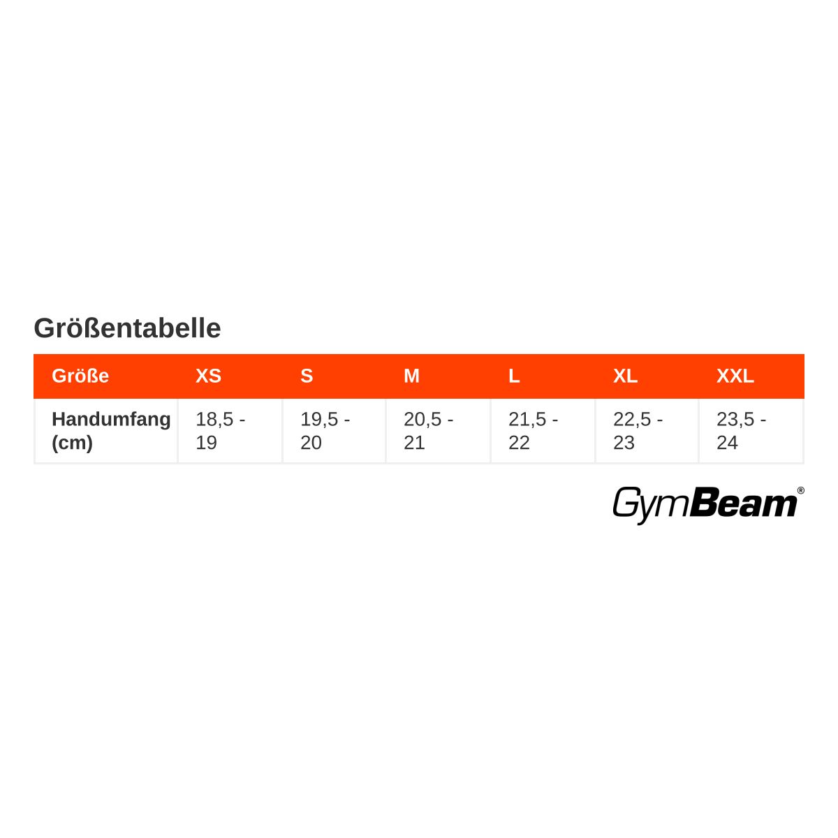 Größentabelle für GymBeam Fitnesshandschuhe mit Größen XS bis XXL und Handumfang in cm.