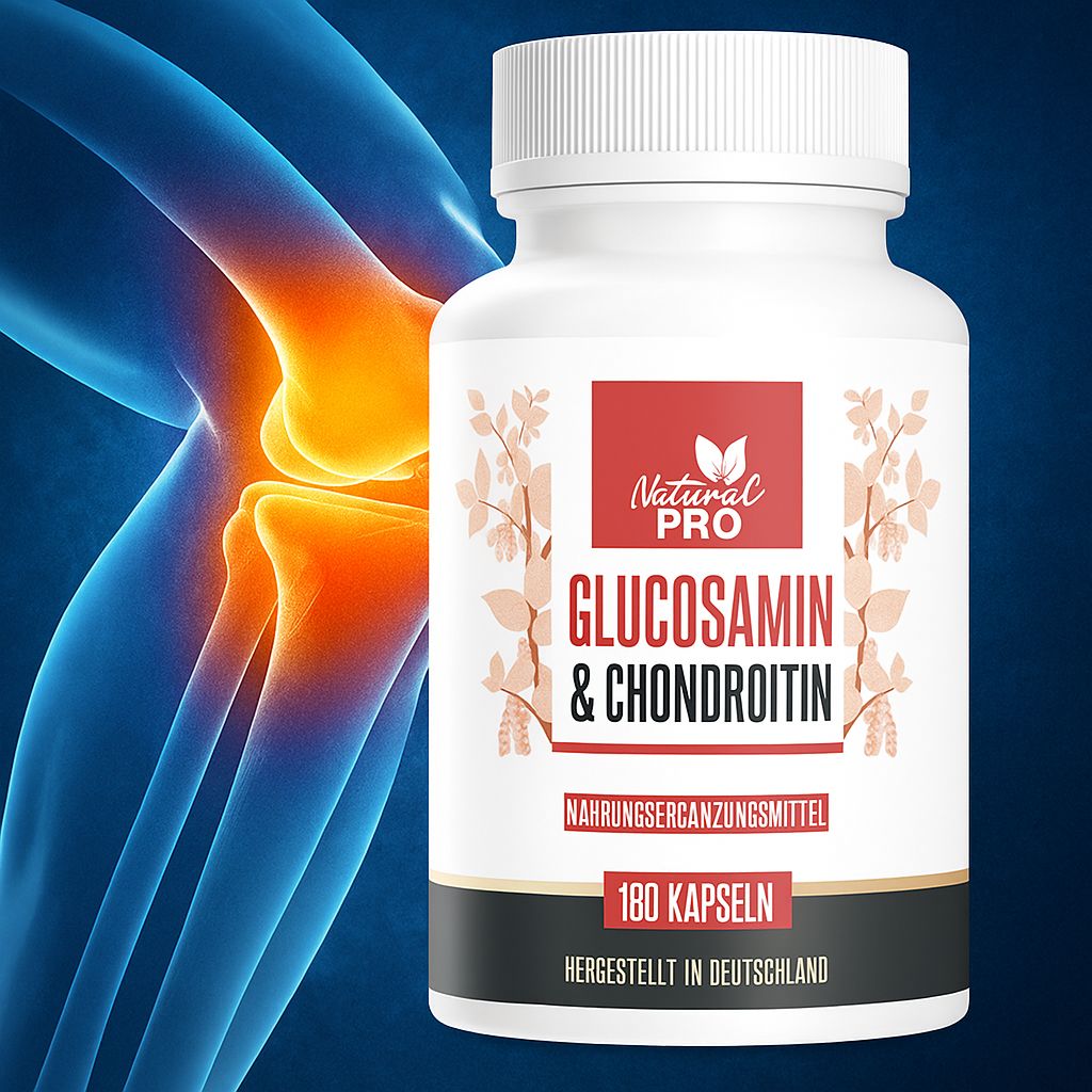 Weiße Flasche mit Kapseln. Aufschrift: Natural Pro, Glucosamin & Chondroitin, 180 Kapseln. Hintergrund: Kniegelenk.