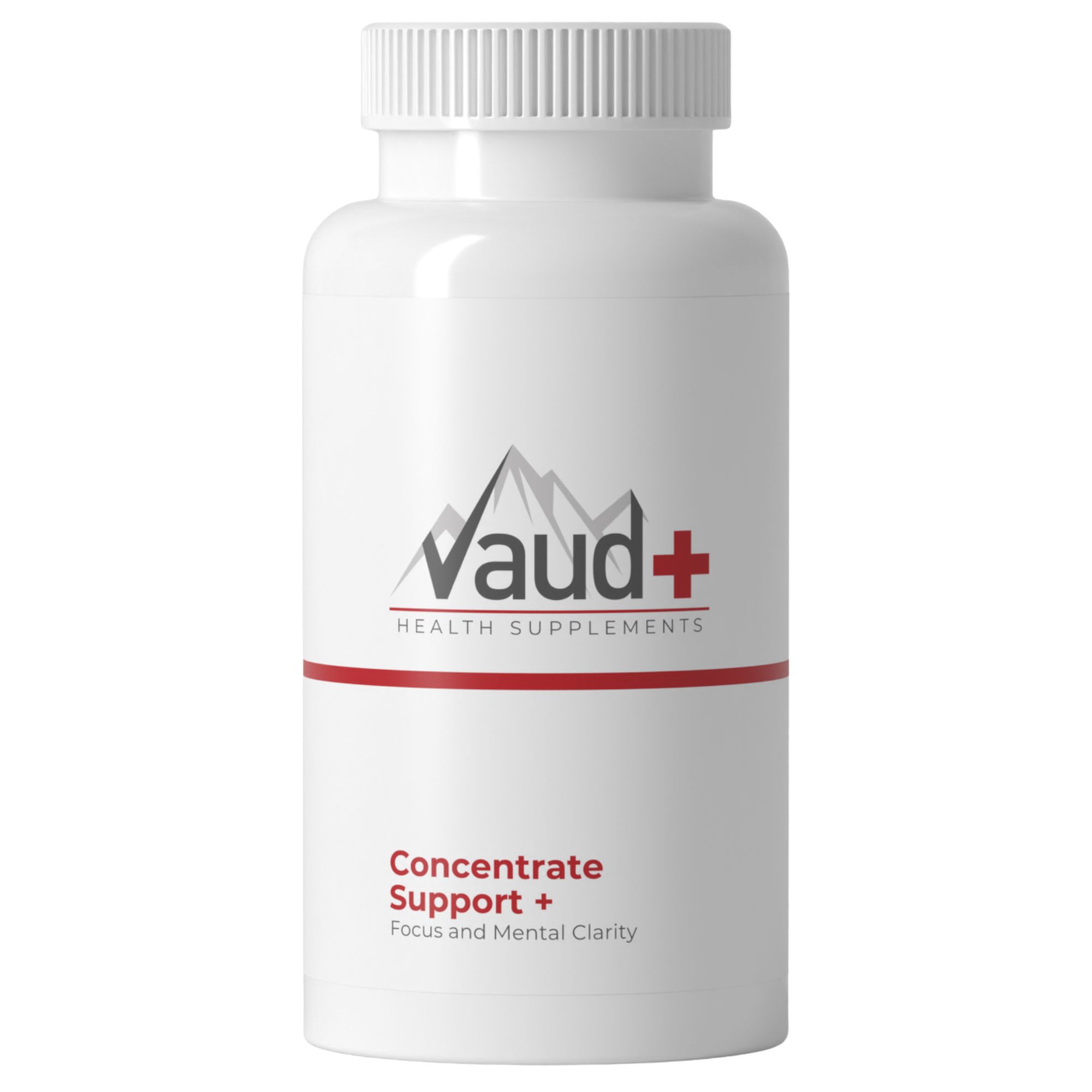 Weiße Flasche mit Schraubverschluss. Vaud+ Logo und Text: Concentrate Support + Focus and Mental Clarity.
