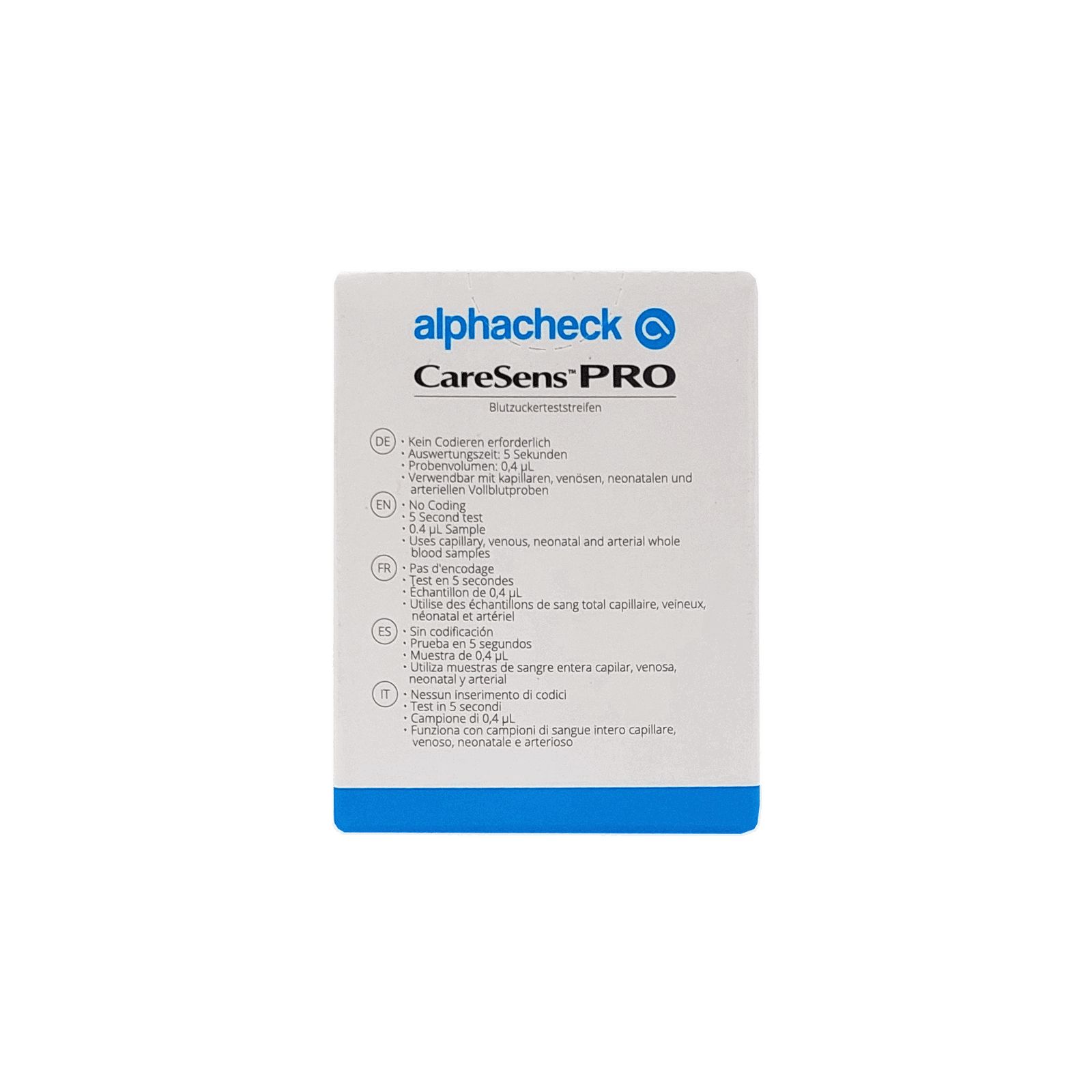 Rückseite der Verpackung von CareSens PRO Blutzuckerteststreifen. Marke: alphacheck. Text in mehreren Sprachen.