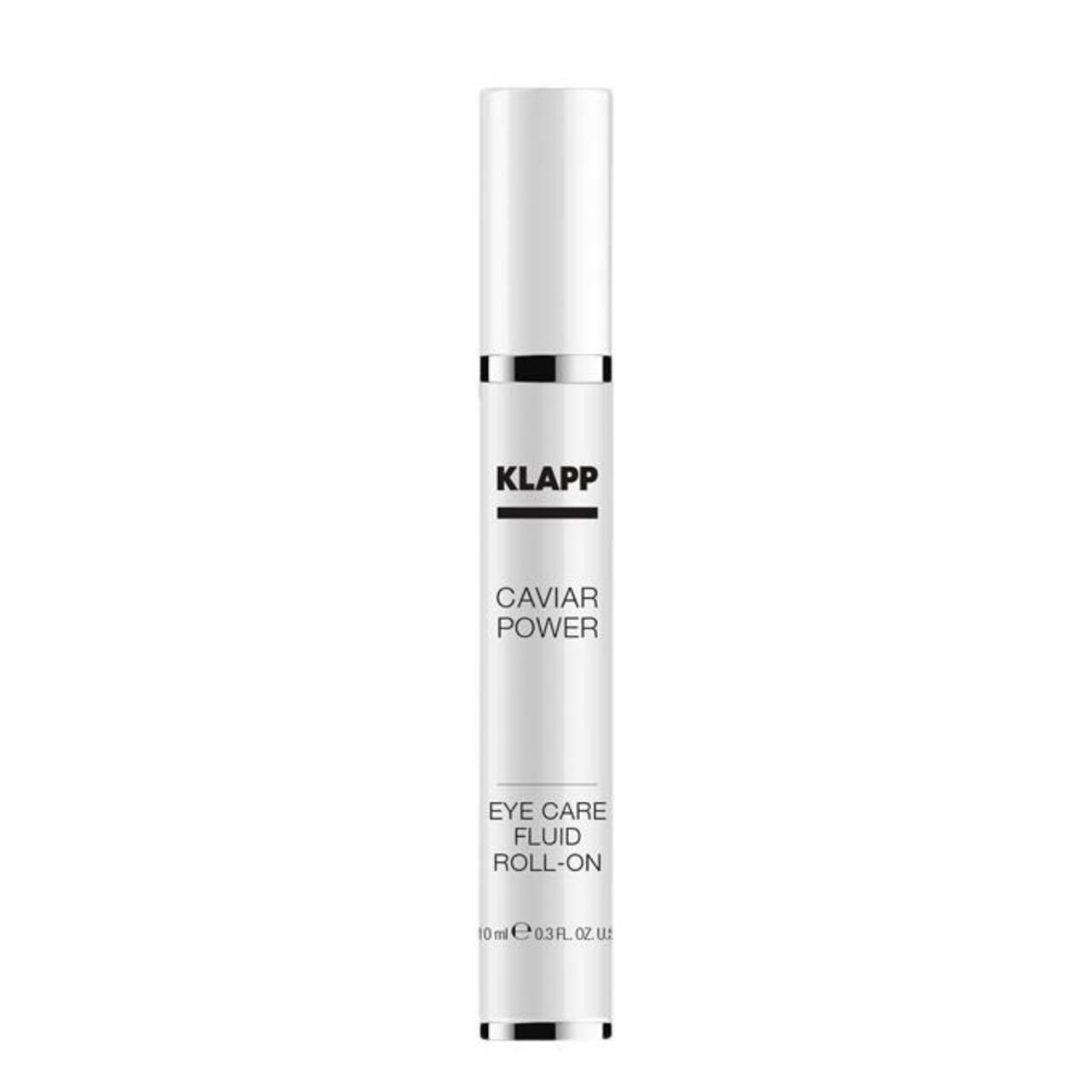 Weißer Roll-On-Behälter mit schwarzer Schrift. Beschriftung: KLAPP, CAVIAR POWER, EYE CARE FLUID ROLL-ON. Unten: 10 ml 0.3 fl.oz.