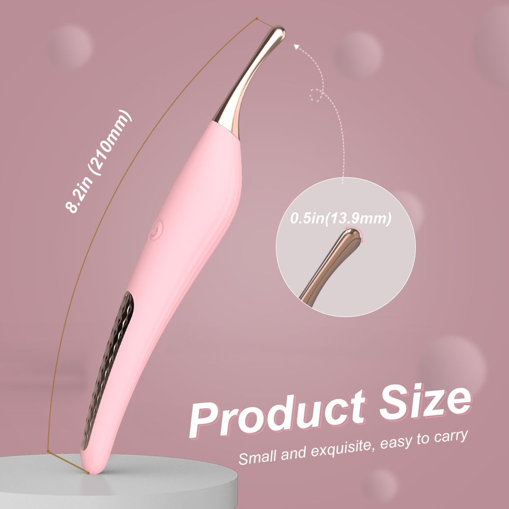 Rosa Vibrator mit goldfarbenem Kopf. Produktgröße: 8,2 Zoll (210 mm) lang, 0,5 Zoll (13,9 mm) Kopf. Auf rosa Podest.