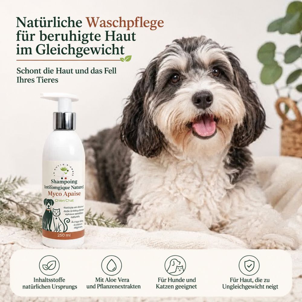 Flasche mit 250ml Hundeshampoo für beruhigte Haut, mit Aloe Vera und Pflanzenextrakten.