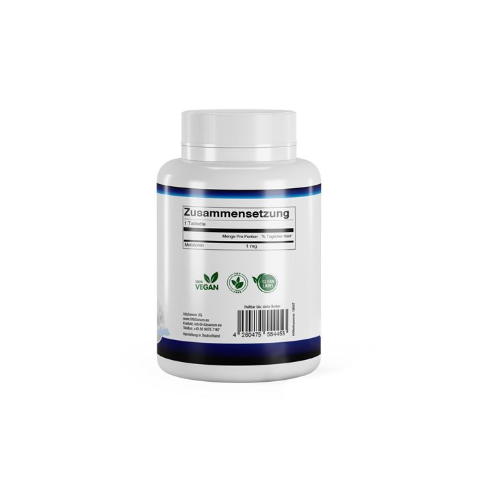 Rückseite der Flasche VitaSanum Melatonin. Aufschrift: Zusammensetzung, Vegan-Siegel, 1 mg Melatonin, Barcode.