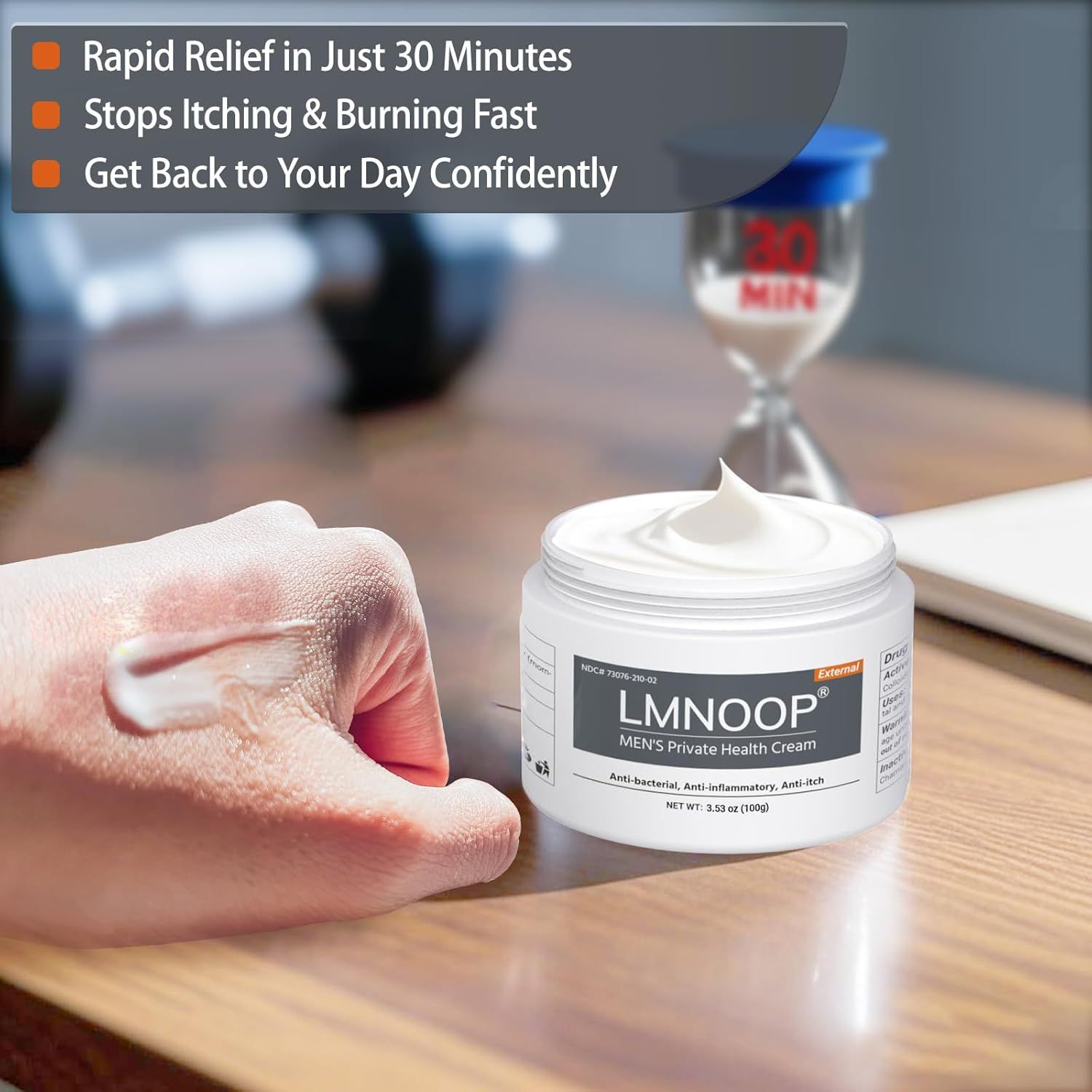 Weißer Tiegel mit Creme. Text: "LMNOOP MEN'S Private Health Cream". Text: Schnelle Linderung, stoppt Juckreiz, kehrt zum Alltag zurück.
