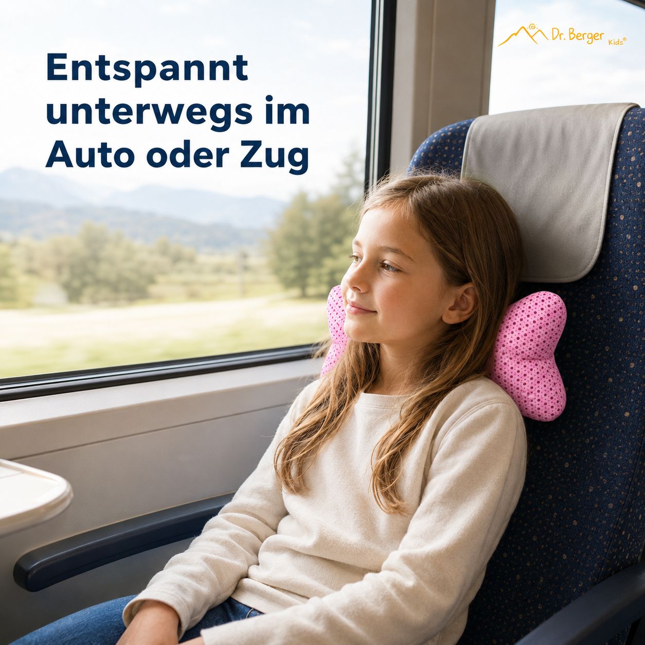 Mädchen im Zug mit rosa Lese-Kissen am Kopf.