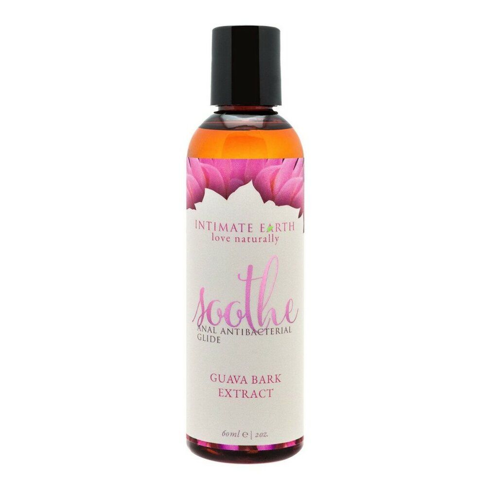Flüssigkeit in einer Flasche mit schwarzem Deckel. Aufschrift: Intimate Earth, Soothe, Guava Bark Extract.