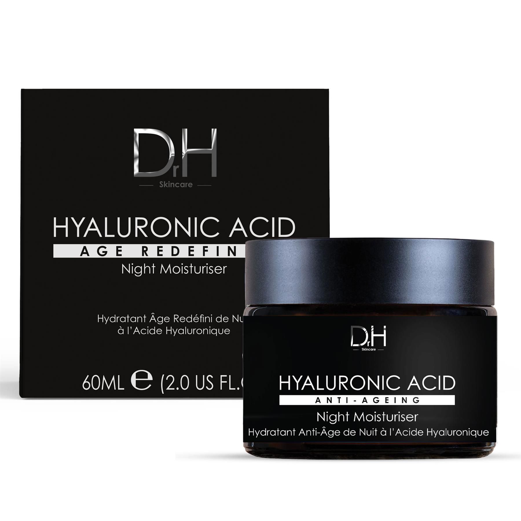 Dr H Hyaluronsäure Anti-Aging Nachtcreme im Tiegel und Karton.