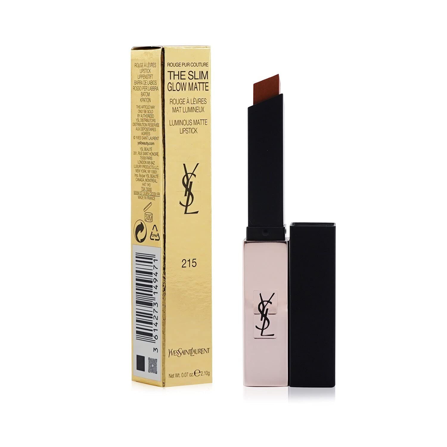 Lippenstift mit goldener Verpackung. Aufschrift: Yves Saint Laurent, The Slim Glow Matte, 215. Geöffneter Lippenstift daneben.
