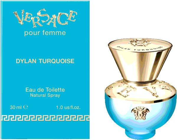 Türkisfarbener Flakon mit goldfarbenem Deckel. Versace-Logo auf dem Flakon. Rechteckige Verpackung.