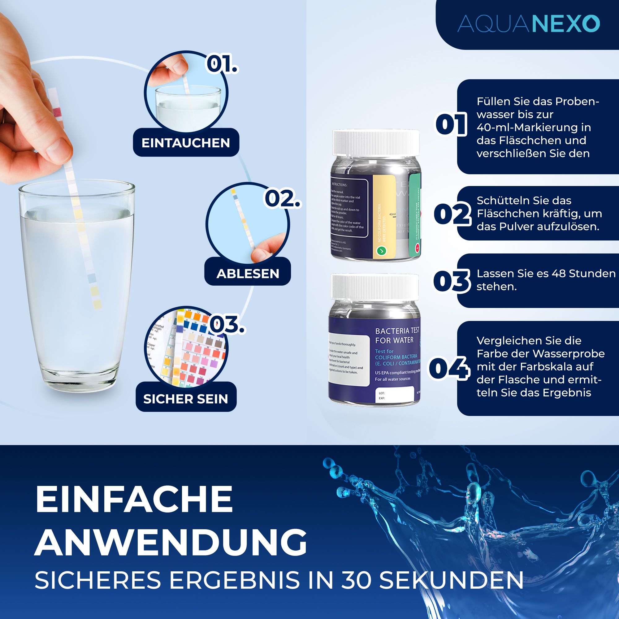 Aquanexo Trinkwasser Teststreifen 125 st. 16-in-1 + 2 Bakterientests + Pipette + Reagenzglas