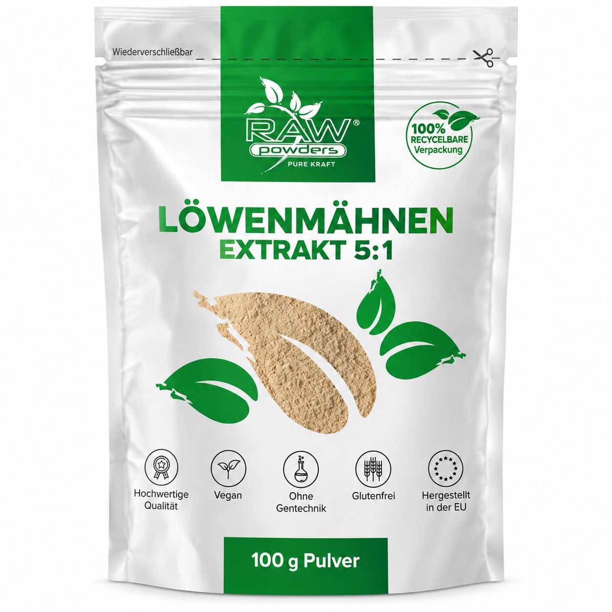 Verpackung mit 100 g Pulver Löwenmähnen Extrakt 5:1.